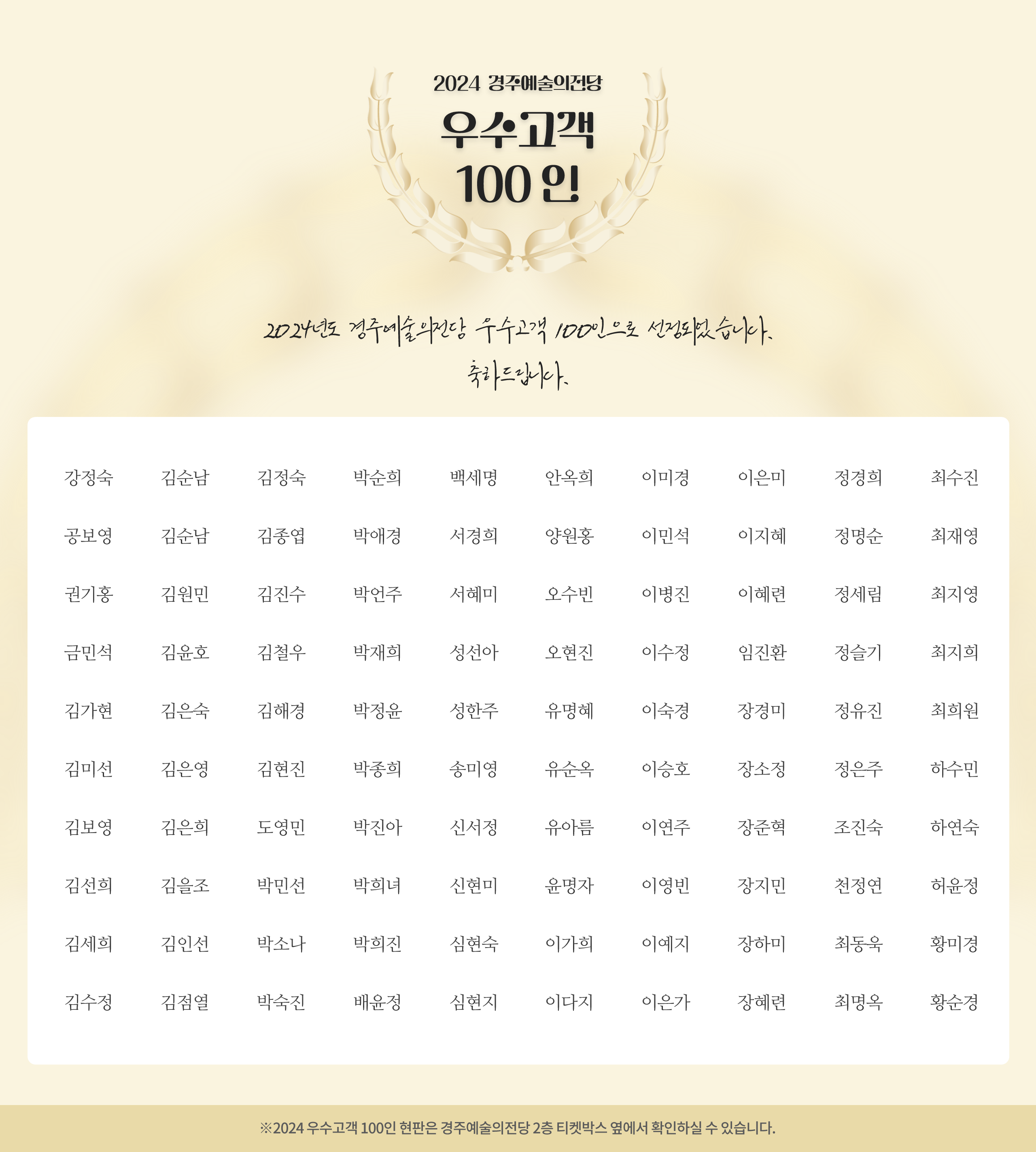 2024 경주예술의전당 우수고객 100인 안내 강정숙 김순남 김정숙 박순희 백세명 안옥희 이미경 이은미 정경희 최수진 공보영 김순남 김종엽 박애경 서경희 양원홍 이민석 이지혜 정명순 최재영 권기홍 김원민 김진수 박언주 서혜미 오수빈 이병진 이혜련 정세림 최지영 금민석 김윤호 김철우 박재희 성선아 오현진 이수정 임진환 정슬기 최지희 김가현 김은숙 김해경 박정윤 김미선 김보영 김선희 김세희 김은영 김현진 박종희 김은희 도영민 박진아 신서정 유아름 성한주 송미영 유명혜 유순옥 이숙경 이승호 이연주 장소정 장경미 정유진 정은주 장준혁 조진숙 최희원 하수민 하연숙 김을조 박민선 박희녀 신현미 윤명자 이영빈 장지민 천정연 허윤정 김인선 박소나 박희진 심현숙 이가희 이예지 장하미 최동욱 황미경 김수정 김점열 박숙진 배윤정 심현지 이다지 이은가 장혜련 최명옥 황순경 ※2024 우수고객 100인 현판은 경주예술의전당 2층 티켓박스 옆에서 확인하실 수 있습니다.