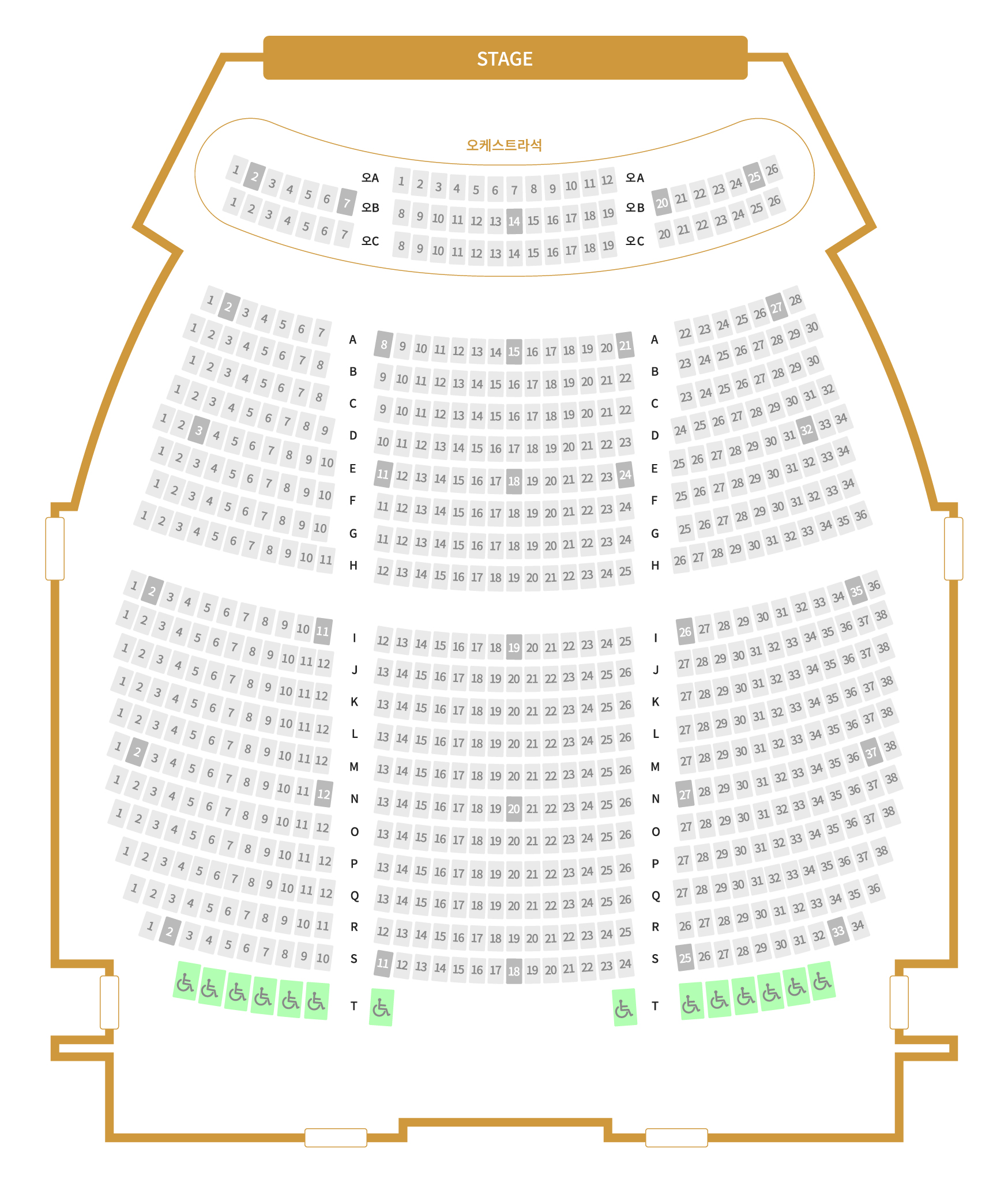 원화홀 휠체어 배치도 STAGE (장애인 구역 L-6, L-7, L-8, L-9, L-10, L-11)