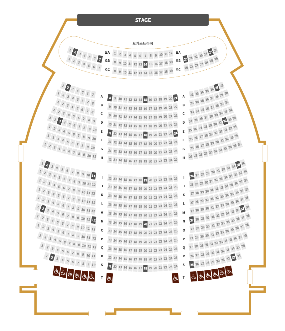 화랑홀 휠체어 배치도 STAGE (장애인 구역 L-6, L-7, L-8, L-9, L-10, L-11)